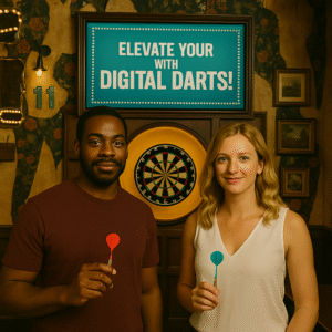 Two people holding darts in front of a digital darts board