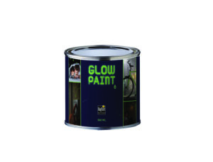 Tin of glow-in-the-dark paint with a dark label and neon green graphics showing examples of glowing objects.”