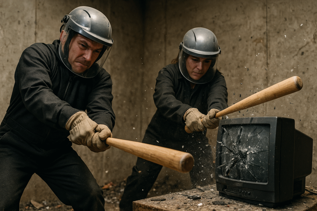 A man and a woman wearing protective helmets and gloves smashing an old TV with baseball bats inside a concrete smash room.