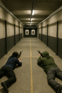 People practising prone rifle shooting at an indoor shooting range