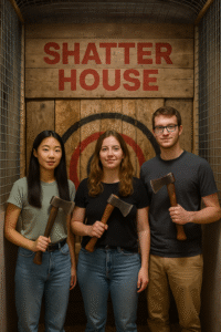 Three young adults standing in the Shatter House axe-throwing lane, each holding an axe in front of a wooden target.
